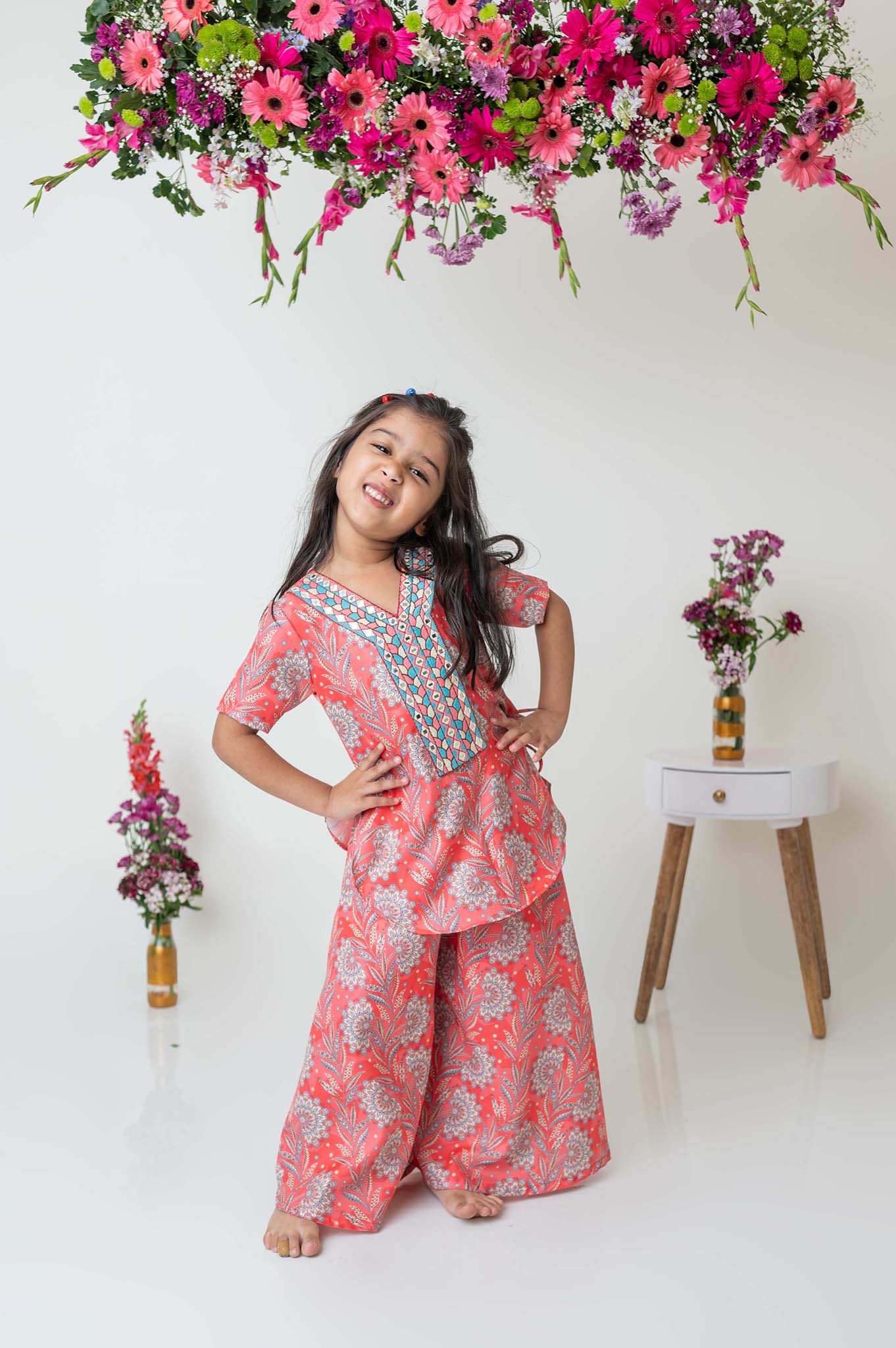 Paisley print kurti with embroidered yoke and flared palazzo