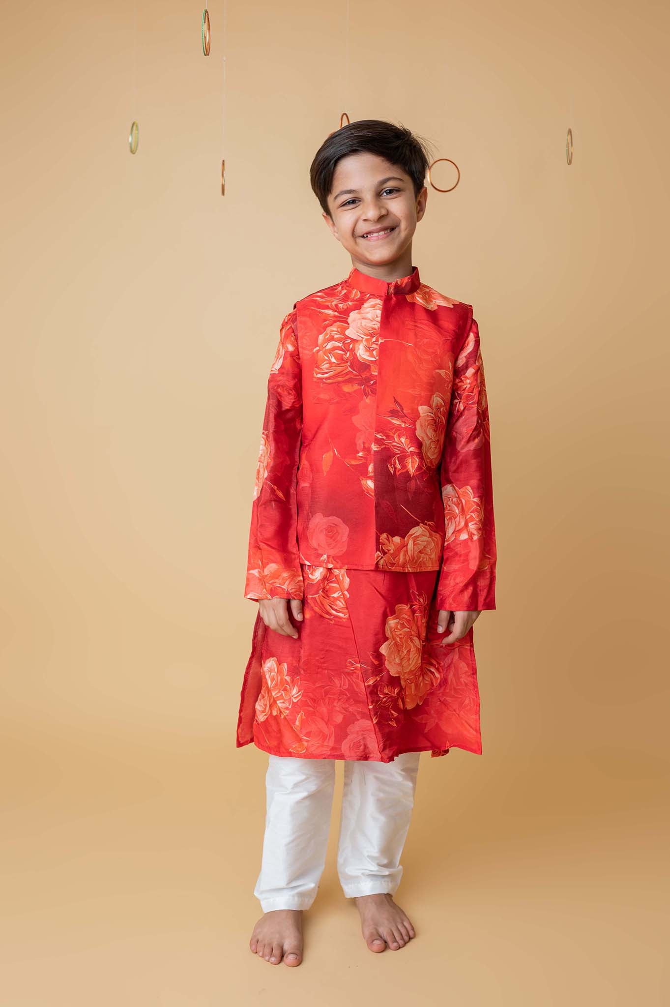 Red rose kurta and bundi set